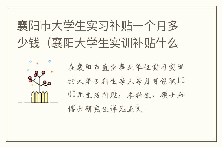 襄阳市大学生实习补贴一个月多少钱（襄阳大学生实训补贴什么时候发放）