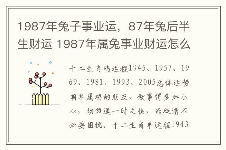 1987年兔子事业运，87年兔后半生财运 1987年属兔事业财运怎么样